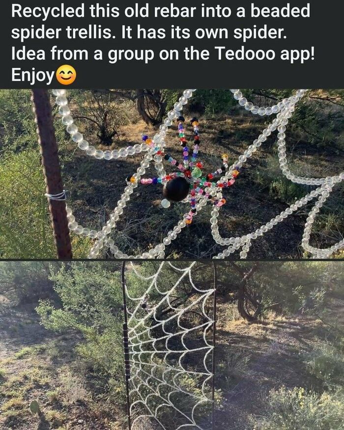 Beaded spider trellis made from recycled rebar, showcasing ingenious crafty ideas shared on a popular IG account.