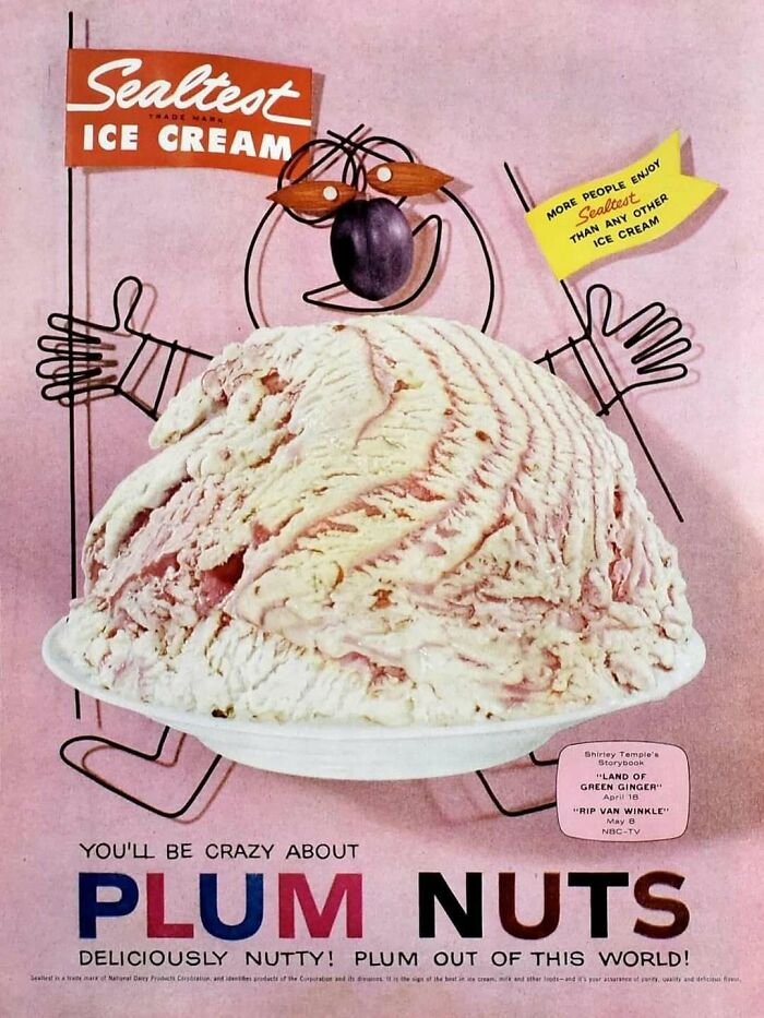 Vintage plum nuts ice cream advertisement with nostalgic style, evoking June Cleavers vintage closet era charm.