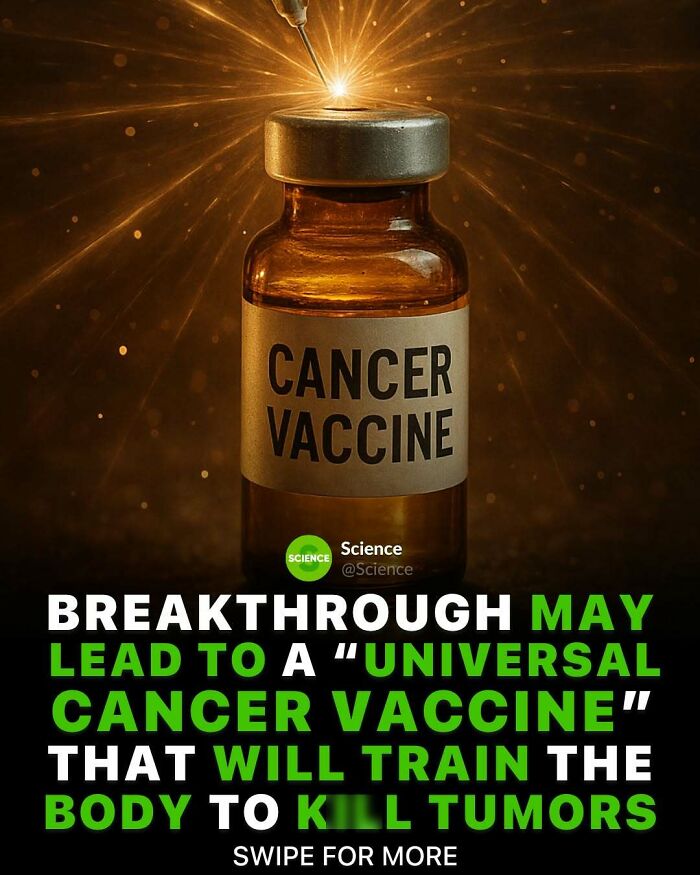 Amber vial labeled cancer vaccine with glowing needle spark, highlighting a science breakthrough in world and science facts.