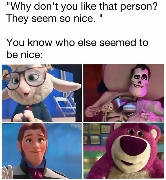 Meme collage featuring animated characters with caption about pretended niceness for daily dose of laughter and good vibes.