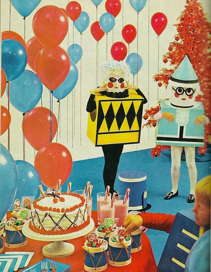 Children in vintage costumes at a colorful party with balloons, cake, and drinks evoking old-timey nostalgia.