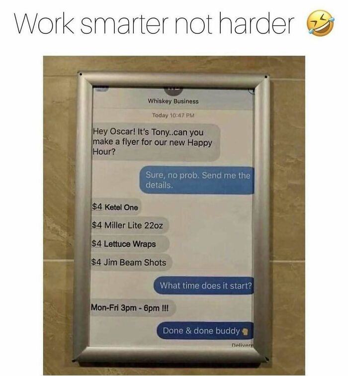 Text meme showing a framed conversation about making a flyer for happy hour, reflecting introvert-worthy humor.