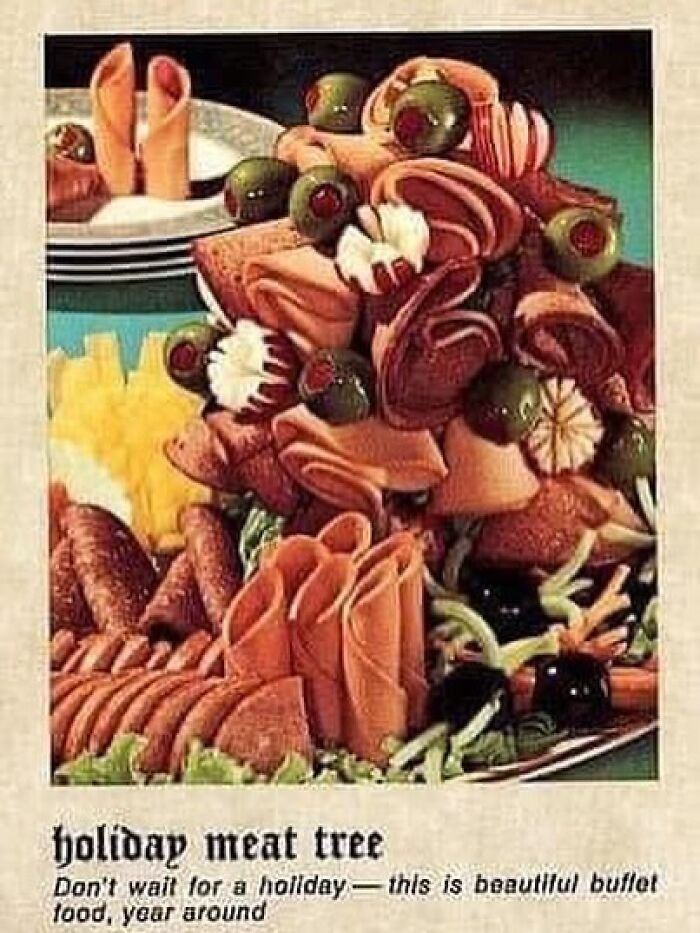 Vintage holiday meat tree platter with olives and decorative deli meats, evoking June Cleavers vintage closet era nostalgia.