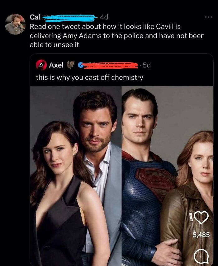 Tweet about random memes featuring a humorous comparison of Amy Adams and Henry Cavill casting chemistry.