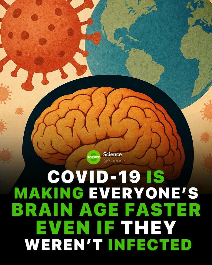 Illustration showing a brain with Earth and virus icons, highlighting science facts about brain aging due to COVID-19.