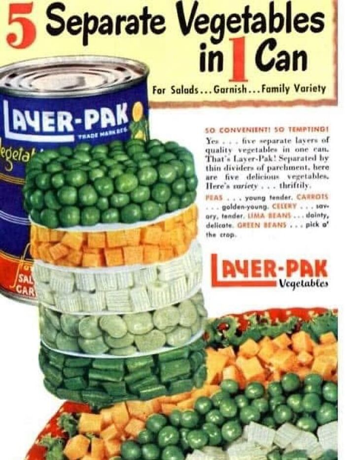 Vintage Layer-Pak canned vegetables ad showing five separate vegetable layers, evoking June Cleavers vintage closet era nostalgia.