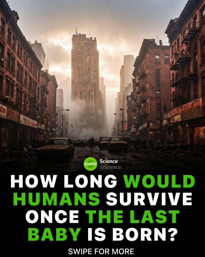 Post-apocalyptic city scene with ruined buildings and abandoned cars illustrating cool and interesting facts about the world and science.