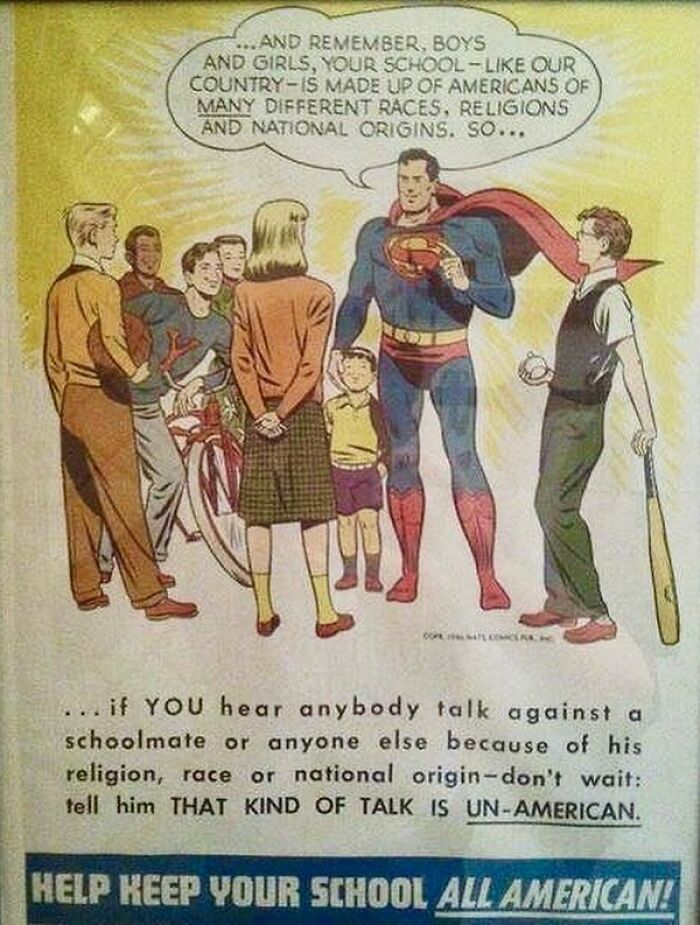 Vintage comic-style illustration of Superman teaching children about diversity and unity in a historical photo from 79 Historical Photos.