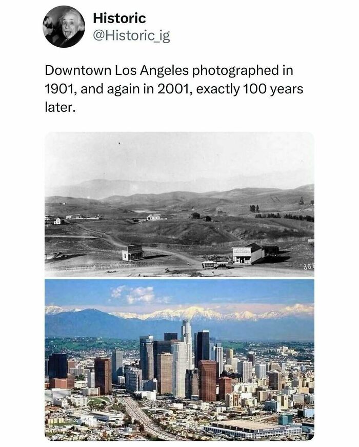 Comparison of historic photos showing downtown Los Angeles in 1901 and 2001, highlighting city transformation.