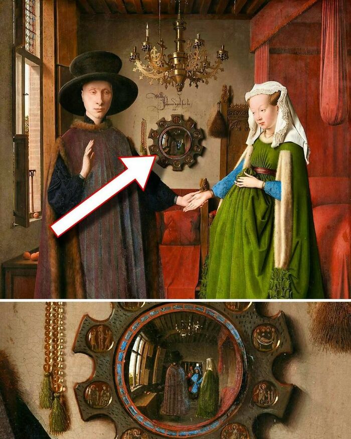 Historical photo showing a famous 15th-century painting with an intricate convex mirror reflecting the couple’s image.