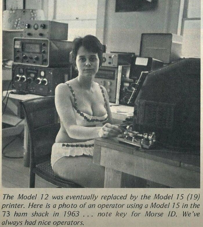 Woman operating a Model 15 teleprinter in 1963, an iconic historical photo with interesting backstories.