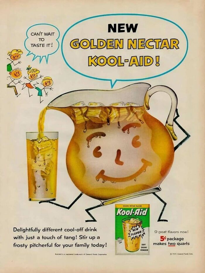 Vintage Kool-Aid advertisement with a smiling pitcher pouring golden nectar, evoking June Cleavers vintage closet nostalgia.
