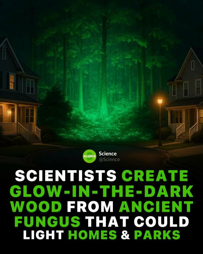 Scientists create glow-in-the-dark wood using ancient fungus lighting homes and parks, showcasing cool facts about world and science.