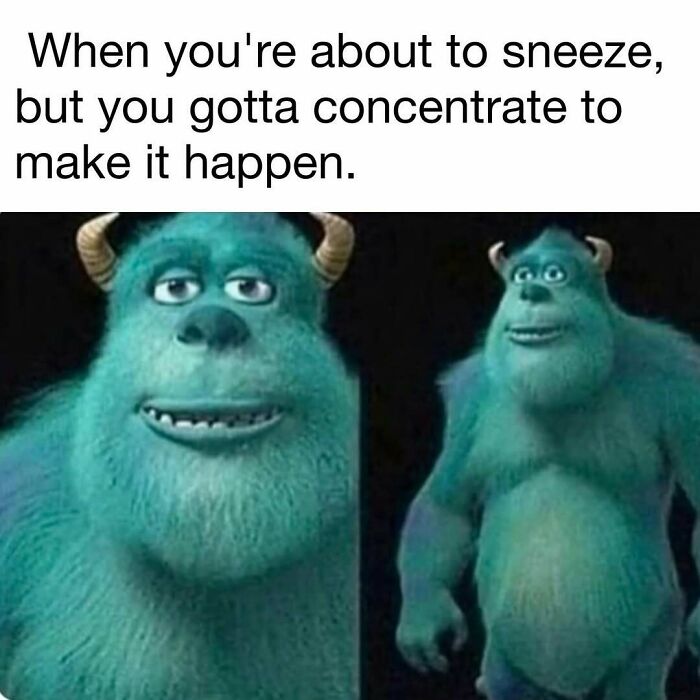 Funny meme featuring Sulley from Monsters Inc concentrating to sneeze, perfect for hilarious memes and good vibes.