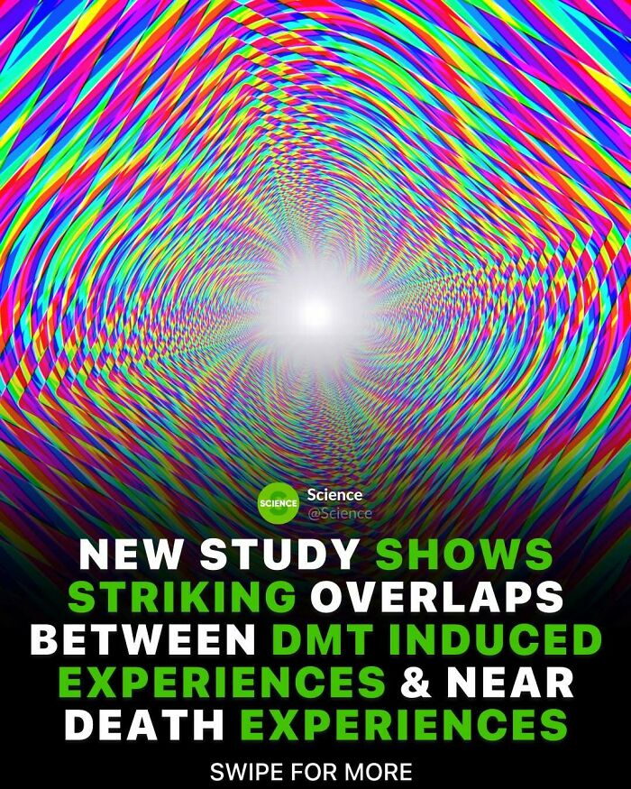 Colorful geometric tunnel representing a world and science concept with text about DMT and near death experiences facts.
