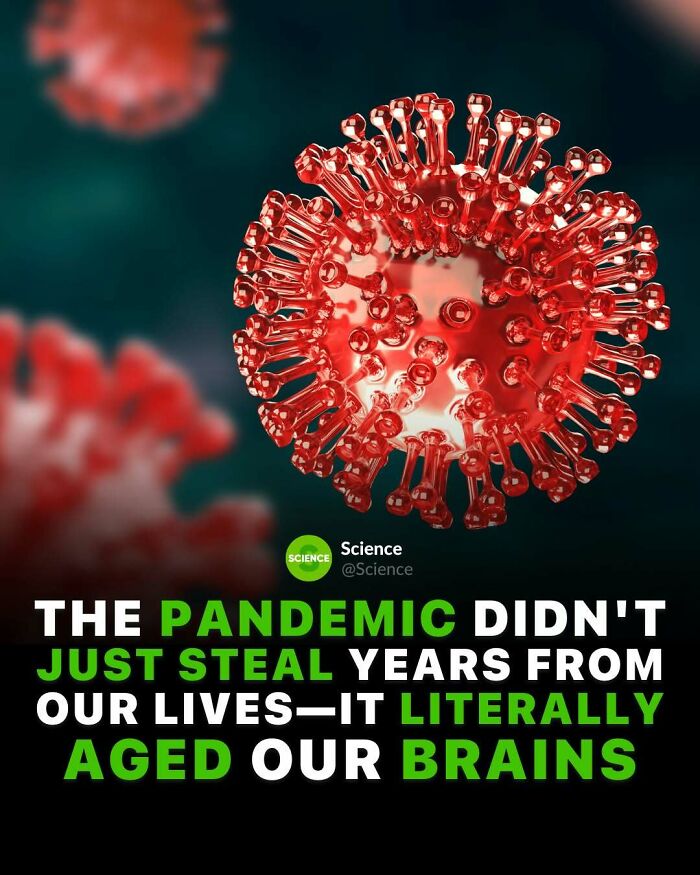 Close-up of a red virus particle with text about pandemic effects on the brain, highlighting cool and interesting science facts.