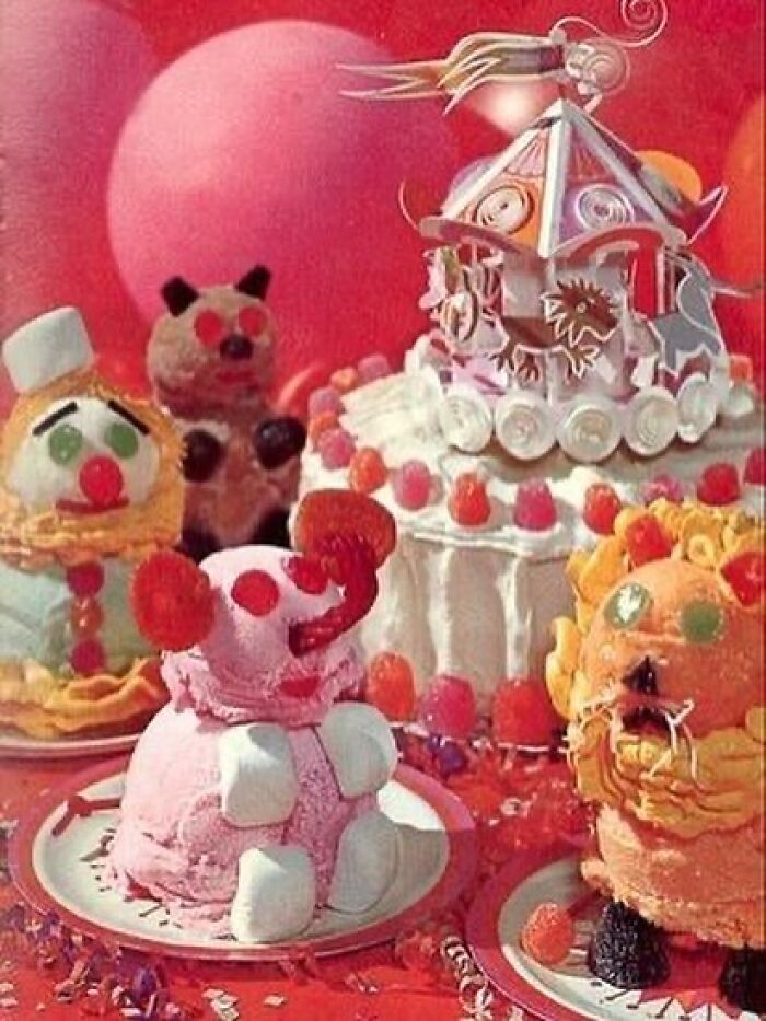 Vintage clown-themed ice cream desserts on plates with colorful candy decorations in a June Cleavers vintage closet style.