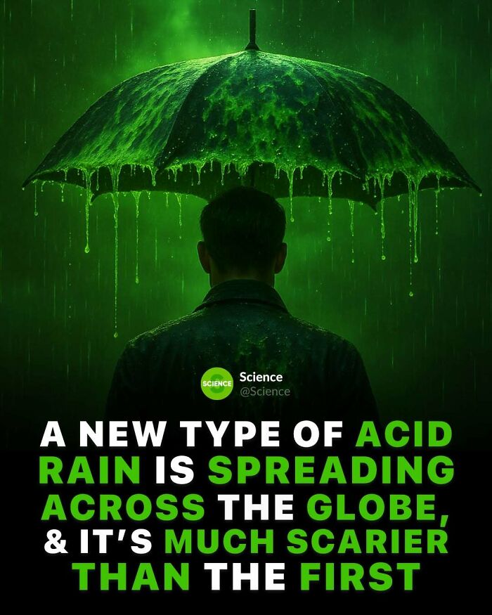 Person holding an umbrella in green acid rain, illustrating cool and interesting facts about the world and science.