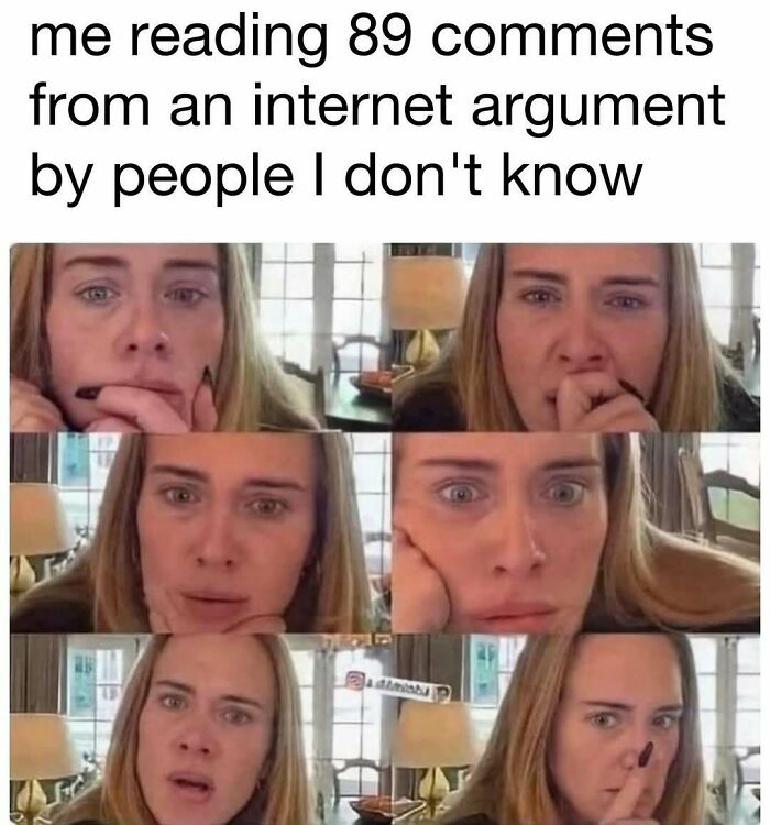 Woman reacting with disbelief and confusion while reading internet argument comments, illustrating hilarious memes and good vibes.