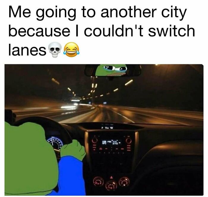 Meme of Pepe the Frog driving at night humorously showing frustration, part of hilarious memes for daily laughter and good vibes.