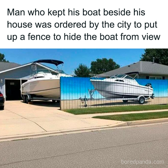 Man using ingenious crafty ideas to paint a fence that camouflages his boat beside the house.