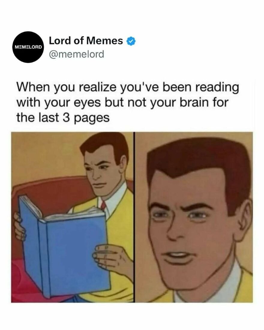 Meme showing a man reading a book with a confused expression, humorously breaking the doomscrolling cycle.