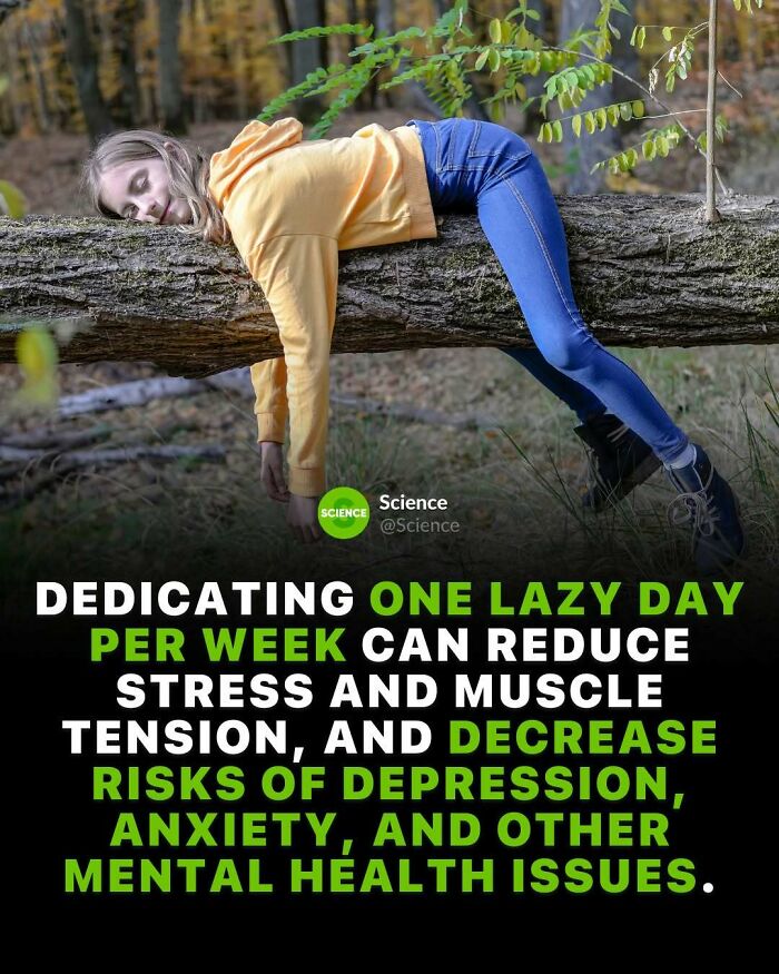 Person resting on a tree trunk showing a cool and interesting fact about science reducing stress and mental health risks.