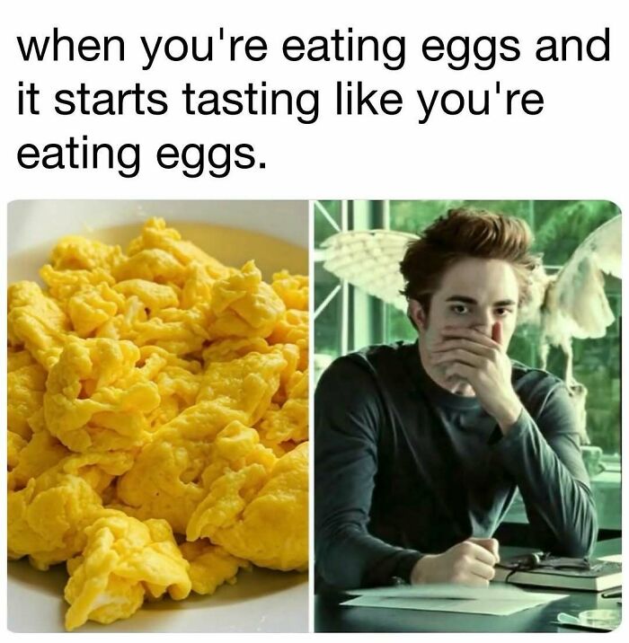 Scrambled eggs on a plate beside a surprised man holding his nose, illustrating hilarious memes for laughter and good vibes.