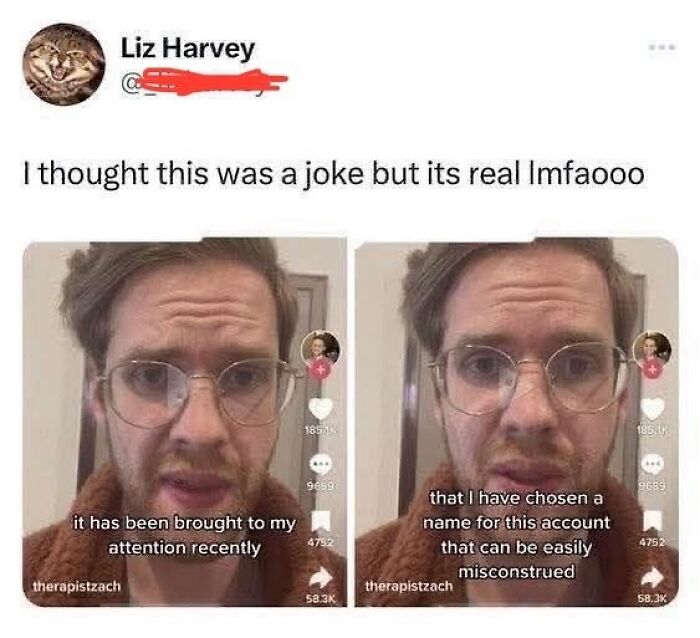 Screenshot of a social media post showing a man explaining his account name, featuring chaos and laughter memes.