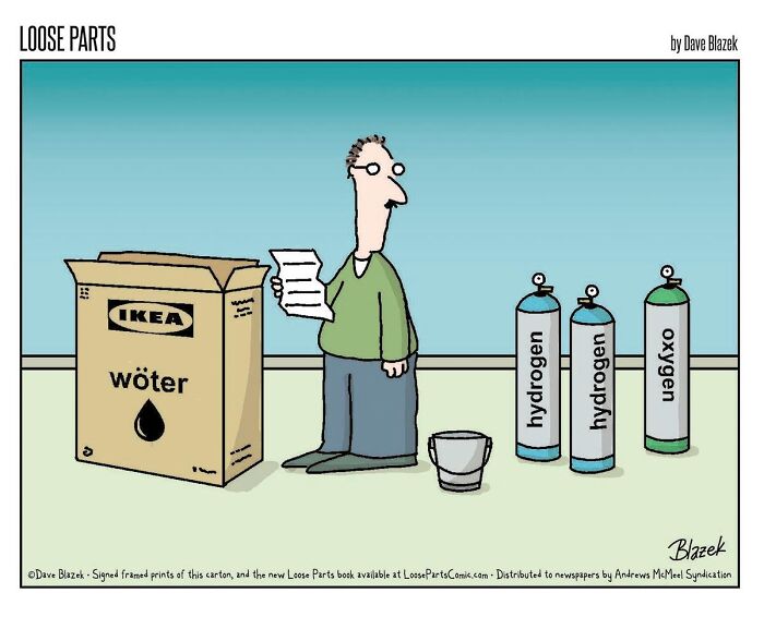 Man assembling IKEA wöter box surrounded by hydrogen and oxygen tanks in a comic with unexpected twists by Dave Blazek