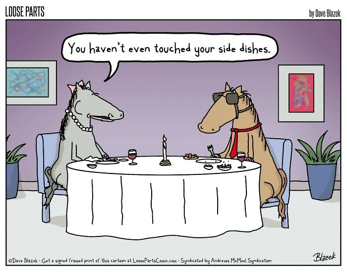 Comic showing two horses dining at a table, with one horse commenting on the other's untouched side dishes, humorous twist.