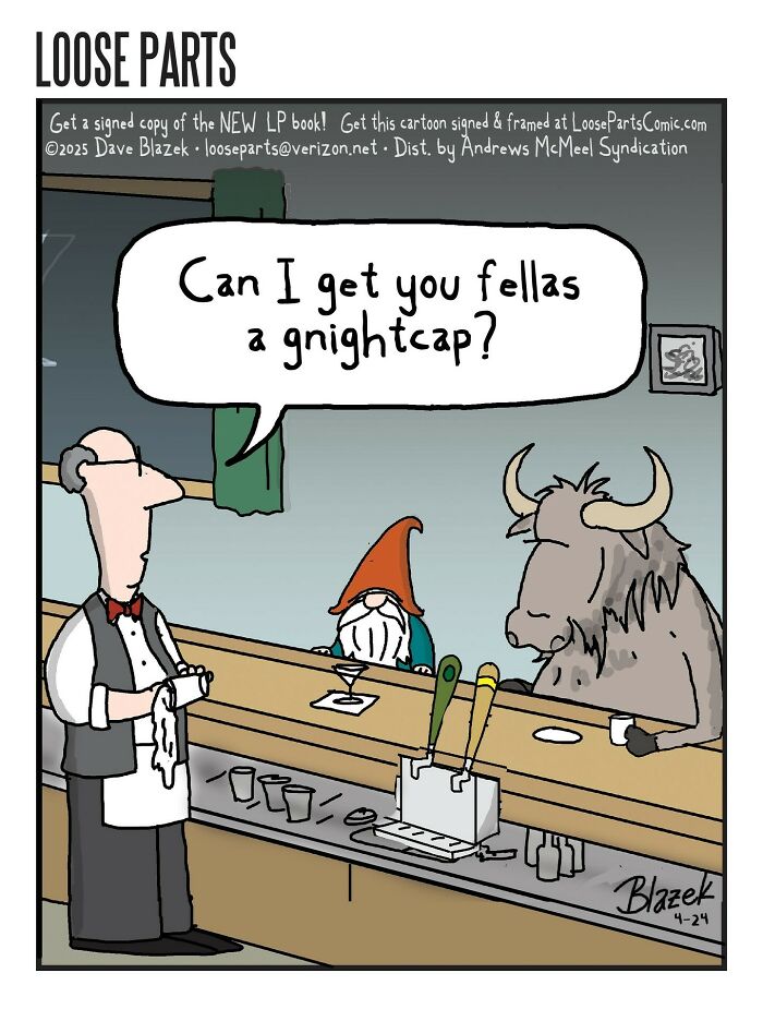 Bar cartoon featuring a bartender offering a nightcap to a gnome and a bull, illustrating new comics with unexpected twists.