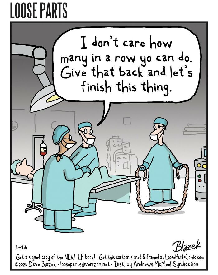 Surgical team in an operating room with one holding a long intestine rope in this new comic with unexpected twists by Dave Blazek