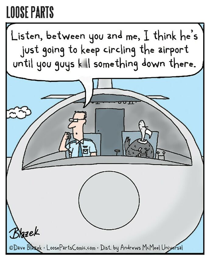 Pilot and bird in airplane cockpit, discussing circling the airport and unexpected twists in comic style by Dave Blazek.