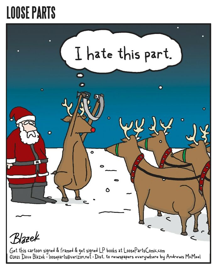 Cartoon of reindeer with one saying I hate this part, featuring unexpected twists in new comics by Dave Blazek.