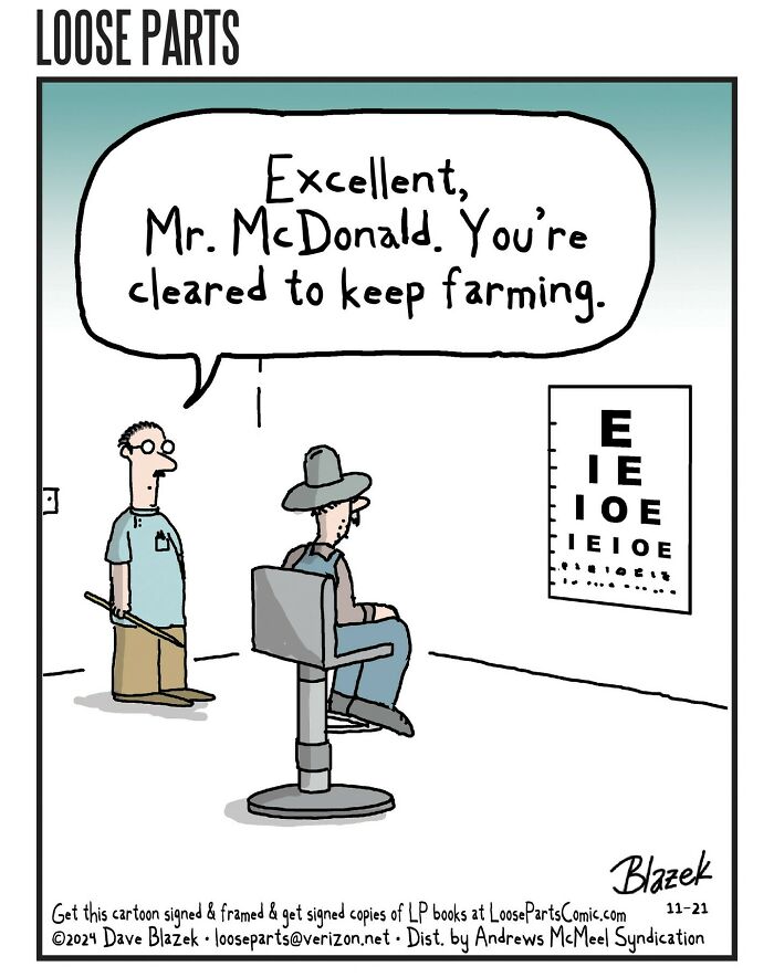 Cartoon by Dave Blazek showing a farmer passing an eye exam with an unexpected twist in this comics series.