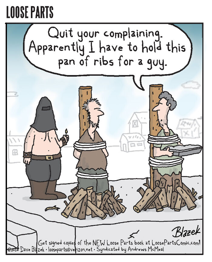 Comic scene with two men tied to posts and wood at their feet, showing unexpected twists in comics by Dave Blazek.