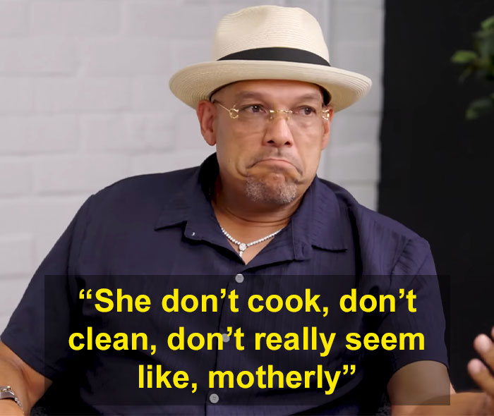 Man wearing a hat and glasses discussing Halle Berry’s ex-husband claiming she didn’t cook or clean in an interview setting. Man wearing a hat and glasses discussing Halle Berry’s ex-husband claiming she didn’t cook or clean in an interview setting.