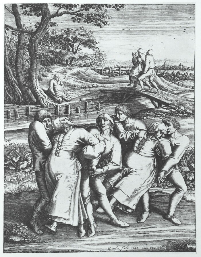 Black and white engraving showing a group of people in medieval clothing in a mysterious outdoor scene.