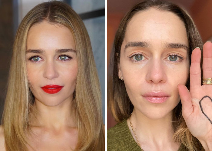 Side-by-side photos of a female star with makeup and without makeup, highlighting natural beauty and real lighting.