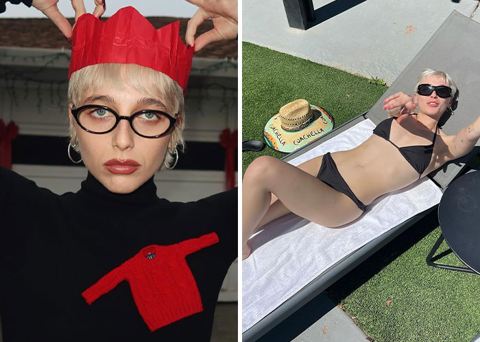 Woman with short blonde hair wearing black glasses and a red paper crown; same woman in black bikini showing celebrity beach bodies in 2025.