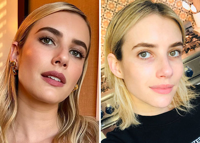 Side-by-side images of a young woman showing natural skin without makeup and styled with makeup in casual indoor settings.