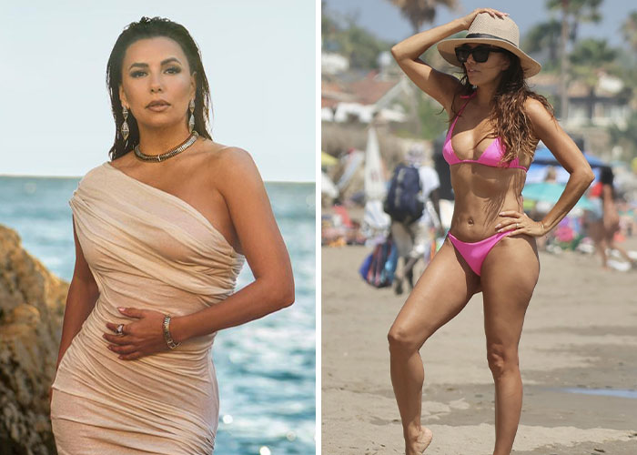 Two women showcasing stunning celebrity beach bodies from 2025, one in a beige dress and the other in a pink bikini on the beach.
