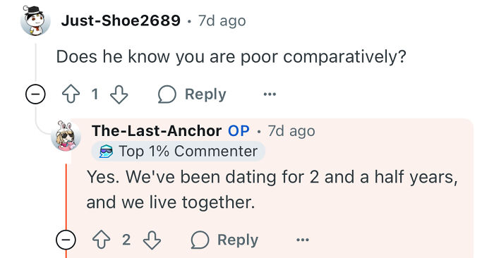 Reddit conversation about a poor woman dating a rich guy and how their relationship has evolved over two and a half years.