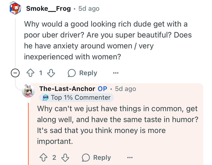 Comment thread discussing a poor woman dating a rich guy and how money is not the most important factor in relationships.