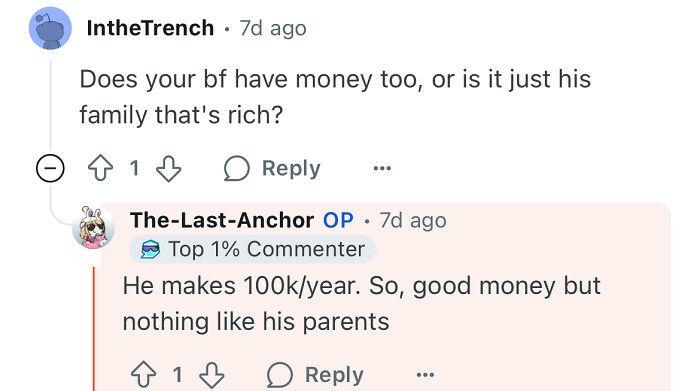 Screenshot of an online conversation discussing a poor woman dating a rich guy and how that changed her life.