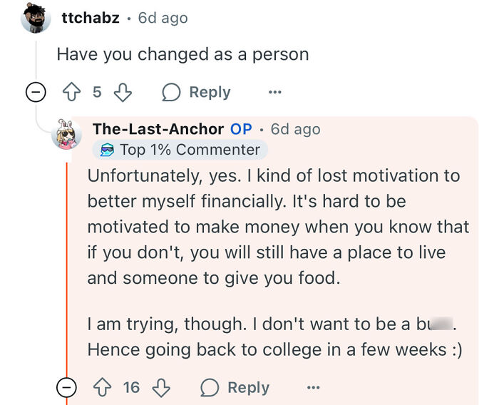 Reddit comment showing a poor woman who dates a rich guy explaining how it changed her motivation and life.