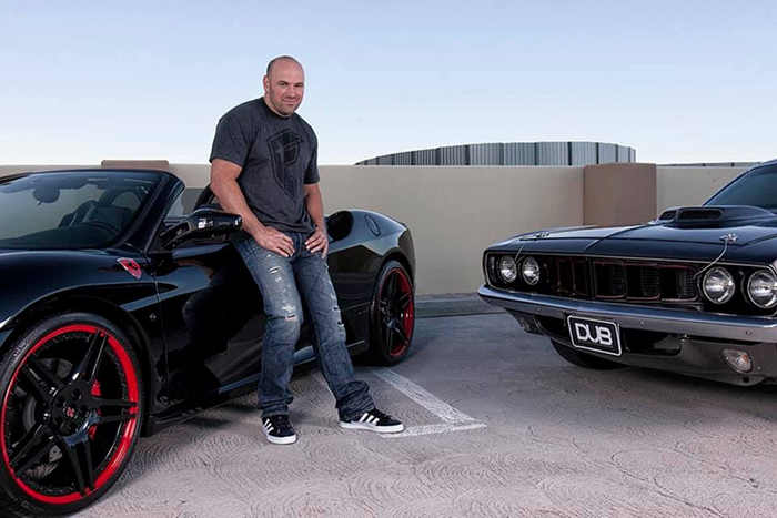 Dana White leaning on a black sports car in a parking lot, showcasing luxury and rising net worth with UFC events.