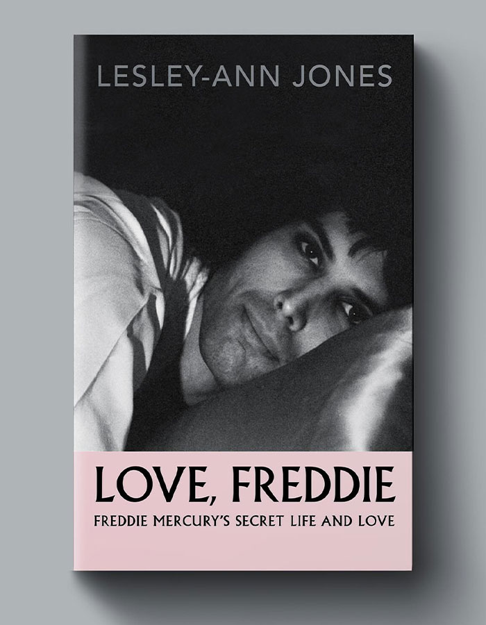 Book cover of Love Freddie showing a black and white close-up of Freddie Mercury, highlighting love child controversy.