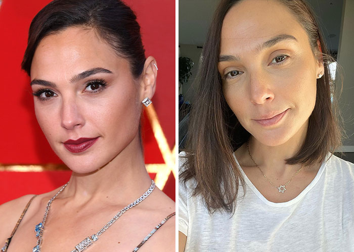 Gal Gadot seen with makeup at event and without makeup in natural lighting, showcasing star looks without professional lighting.